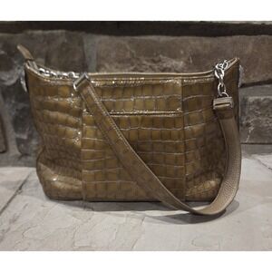 BRIGHTON E250969 Croc Olive Green Shoulder Bag Purse Handbag Zipper Charm Clean!
